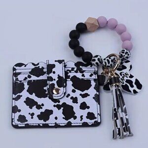 Cow Print‎ with Pink Silicone Beaded  Tassel Keychain Wallet Wristlet NEW